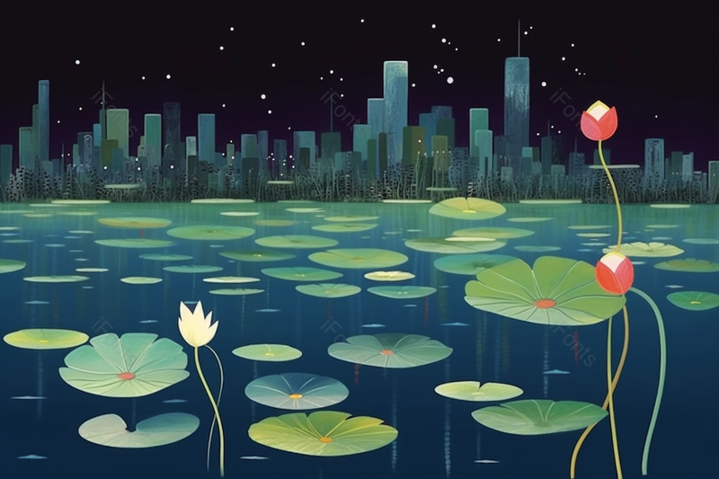夏天夜晚荷花池水彩插画背景,插画/手绘图,插画/手绘图库,插画/手绘图下载,插画/手绘